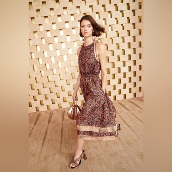 ULLA JOHNSON Mika Print Halter Neck Silk Midi Dress Size 2 $730 Tie Shoulders - Picture 3 of 14